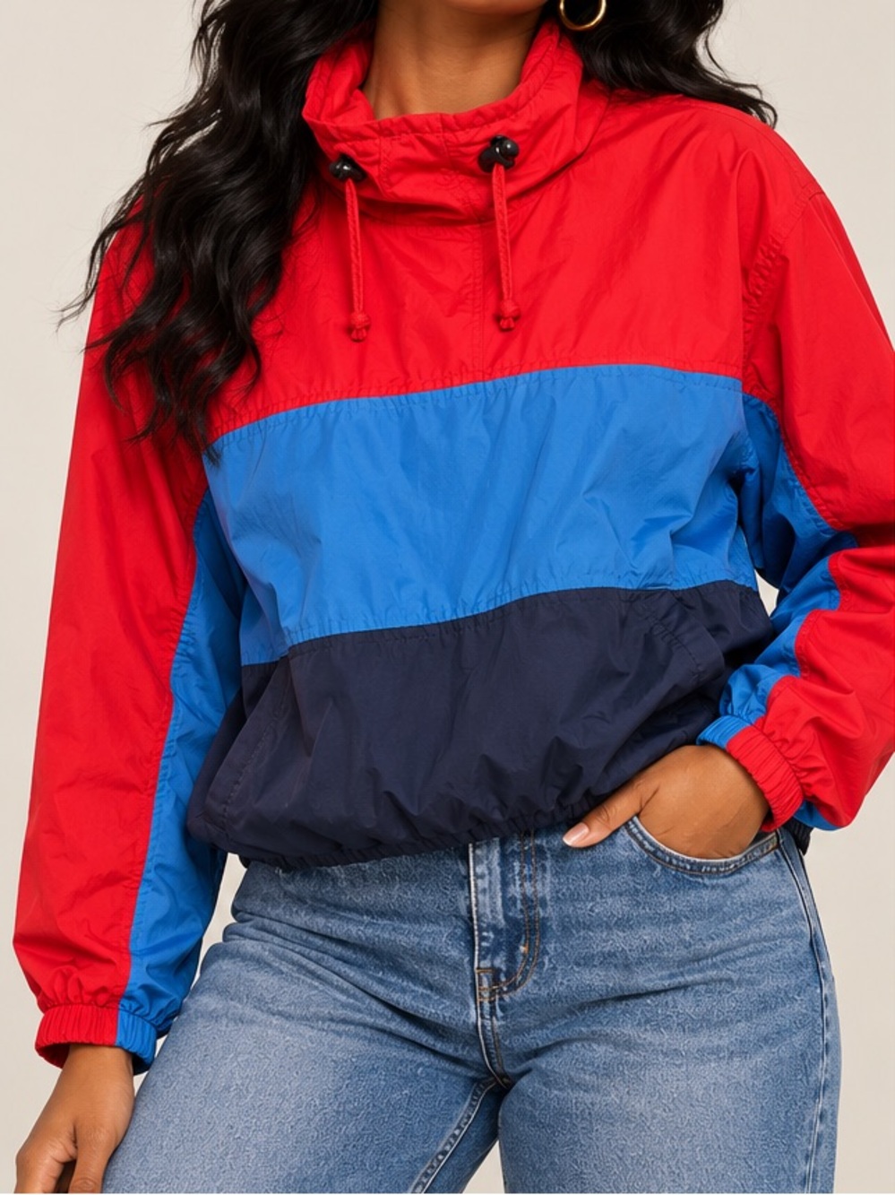 Vintage Colorblock Nylon Windbreaker Jacket - Red/Blue/Navy